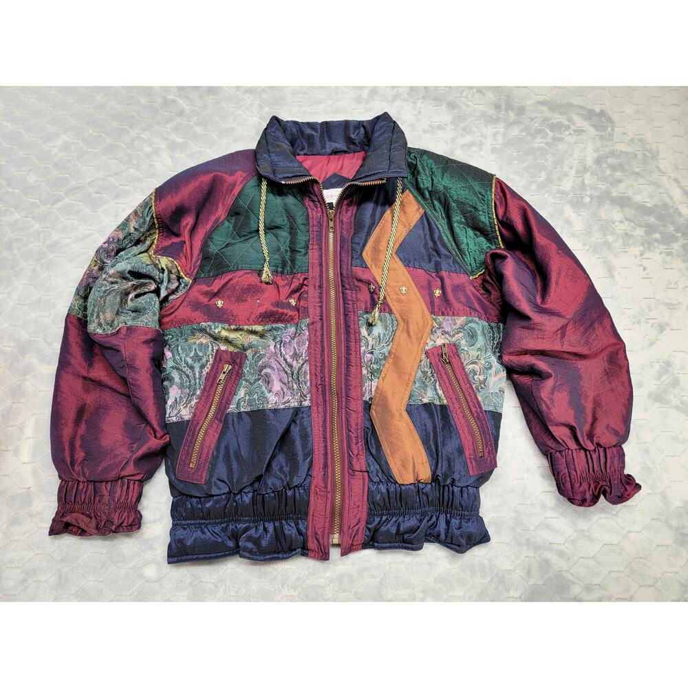Vintage Silverleaf 90s Bomber Jacket Iridescent Jewel Tone Floral Tapestry Large